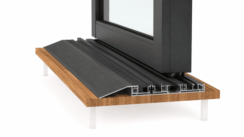 Low-profile sliding door sill cross-section showing a shallow threshold between interior and exterior finished floors