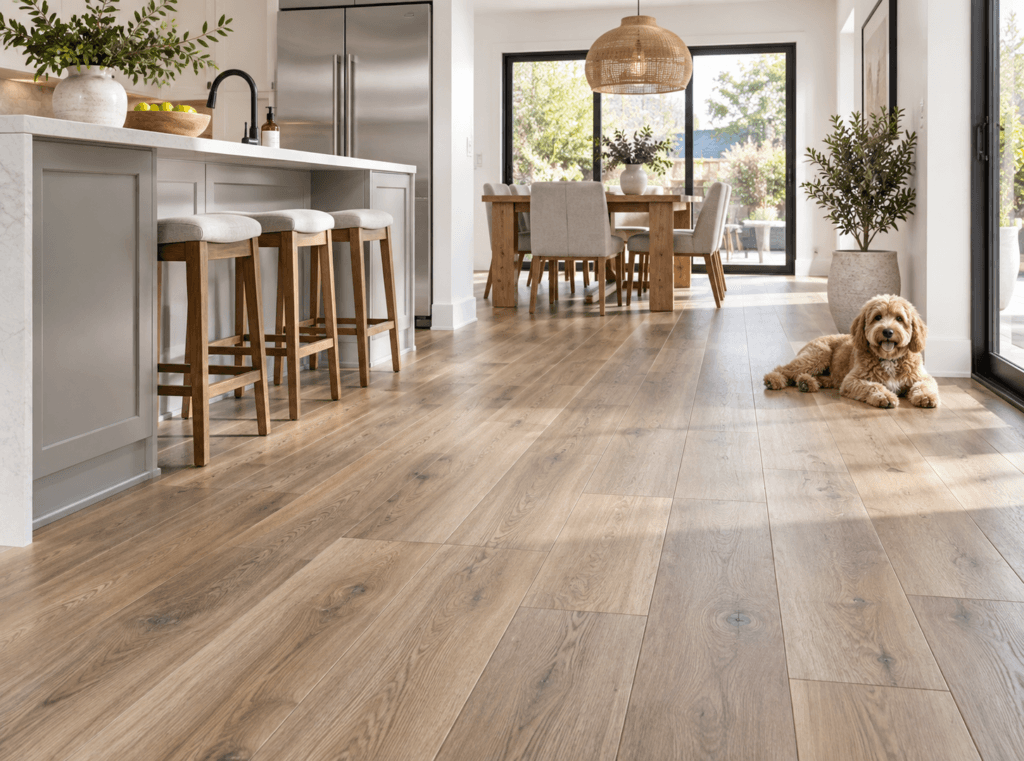 Open-plan kitchen and dining area with wood-look luxury vinyl plank flooring