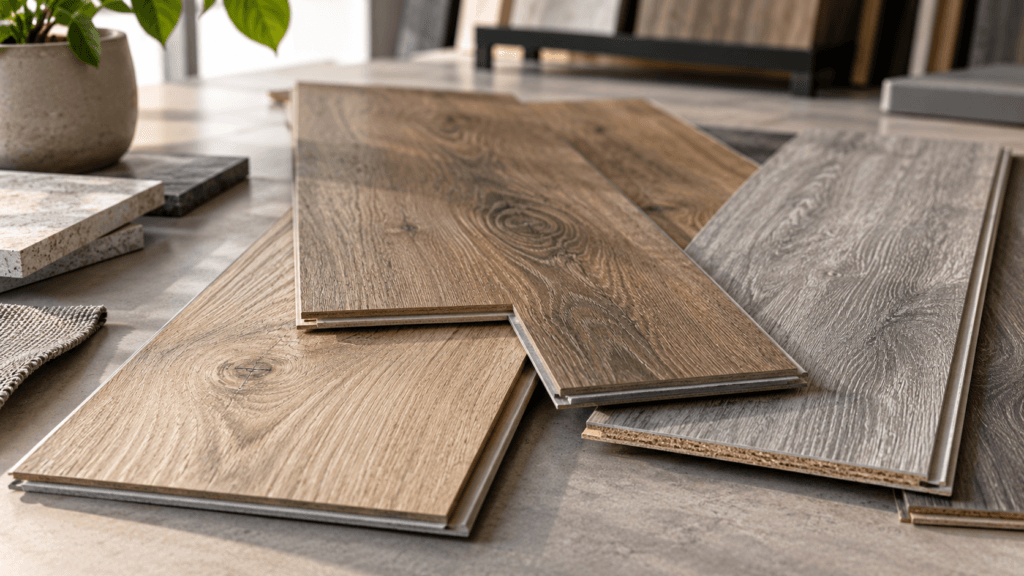 Close-up of overlapping LVP and laminate flooring samples on a showroom table, showing wood-grain texture, beveled edges and different plank construction.