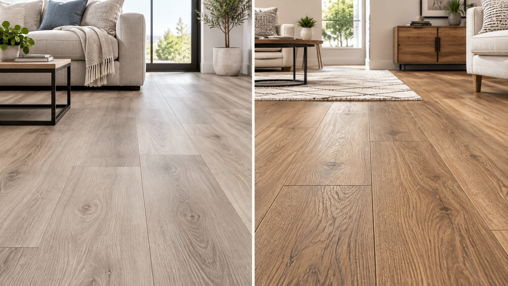 Side-by-side comparison of LVP and laminate flooring in bright modern living rooms, showing differences in color, grain and overall appearance.