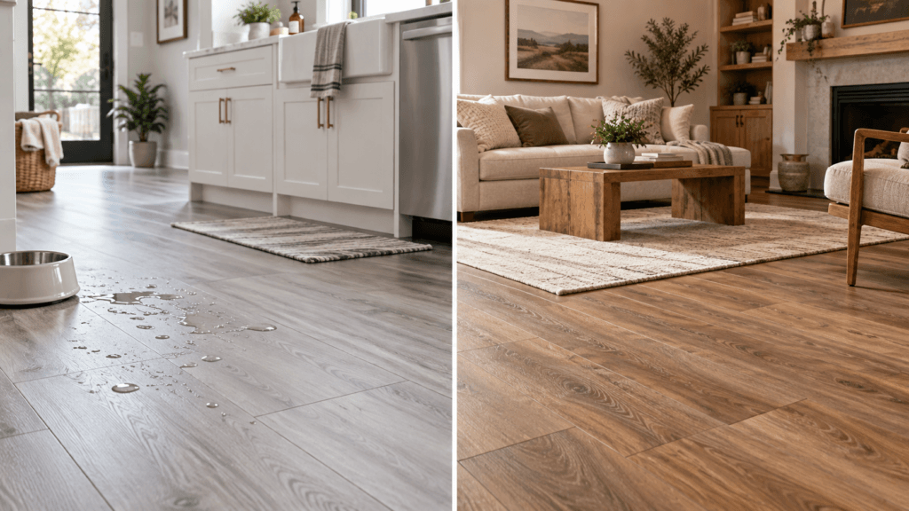 Side-by-side comparison of LVP in a kitchen with water on the floor and laminate in a dry living room, highlighting differences in moisture resistance.