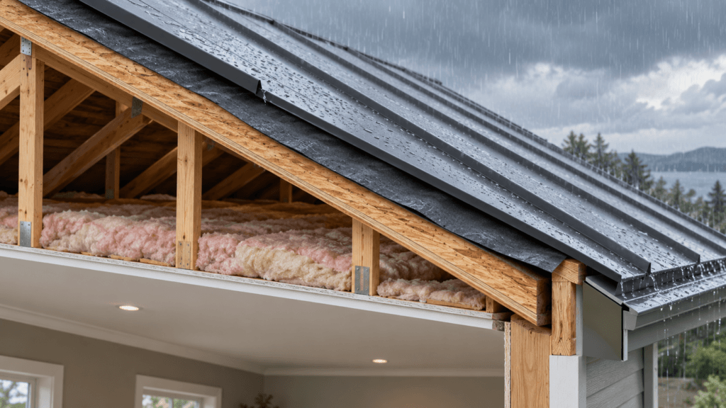 Residential standing-seam metal roof cutaway showing rainfall above the roof, underlayment, plywood decking, attic insulation and finished ceiling below