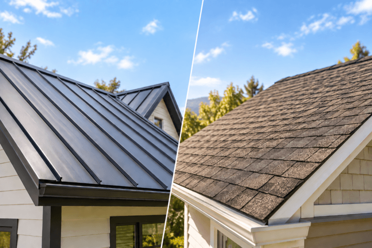 Side-by-side comparison of a standing-seam metal roof and an asphalt shingle roof on residential homes
