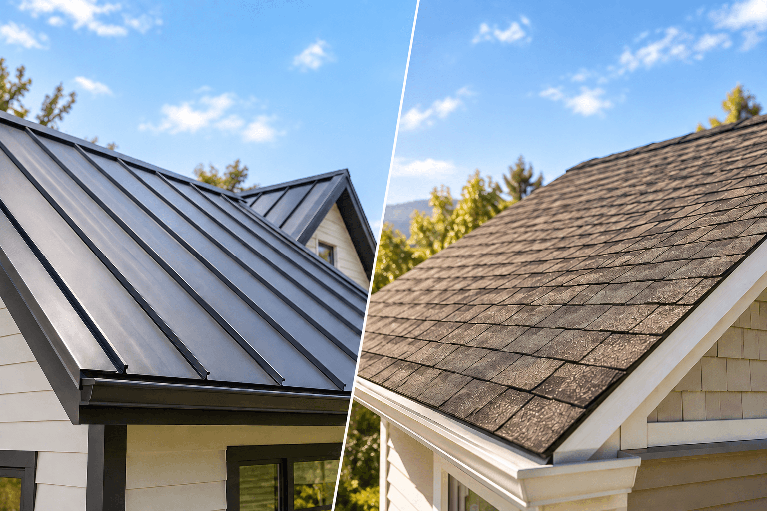 Side-by-side comparison of a standing-seam metal roof and an asphalt shingle roof on residential homes