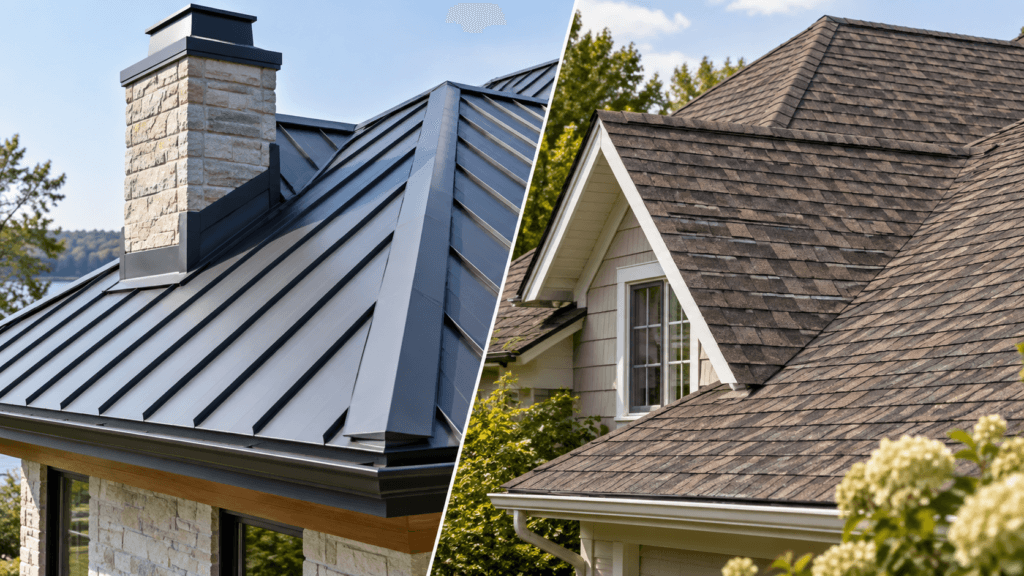 Side-by-side comparison of a standing-seam metal roof vs shingles roof showing roof details, valleys and flashing