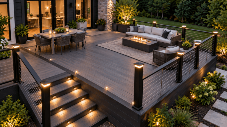Modern deck with integrated lighting, cable railing, outdoor dining and lounge areas viewed from above