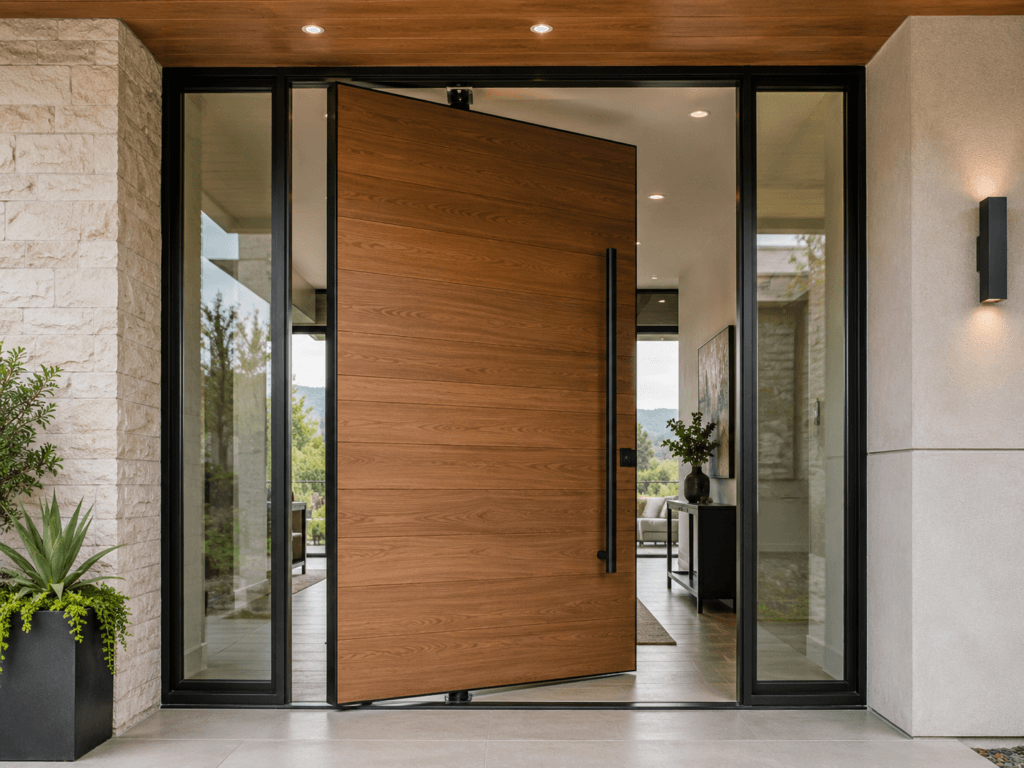 Large modern wood pivot entry door with offset pivot point, black pull handle and contemporary residential entrance