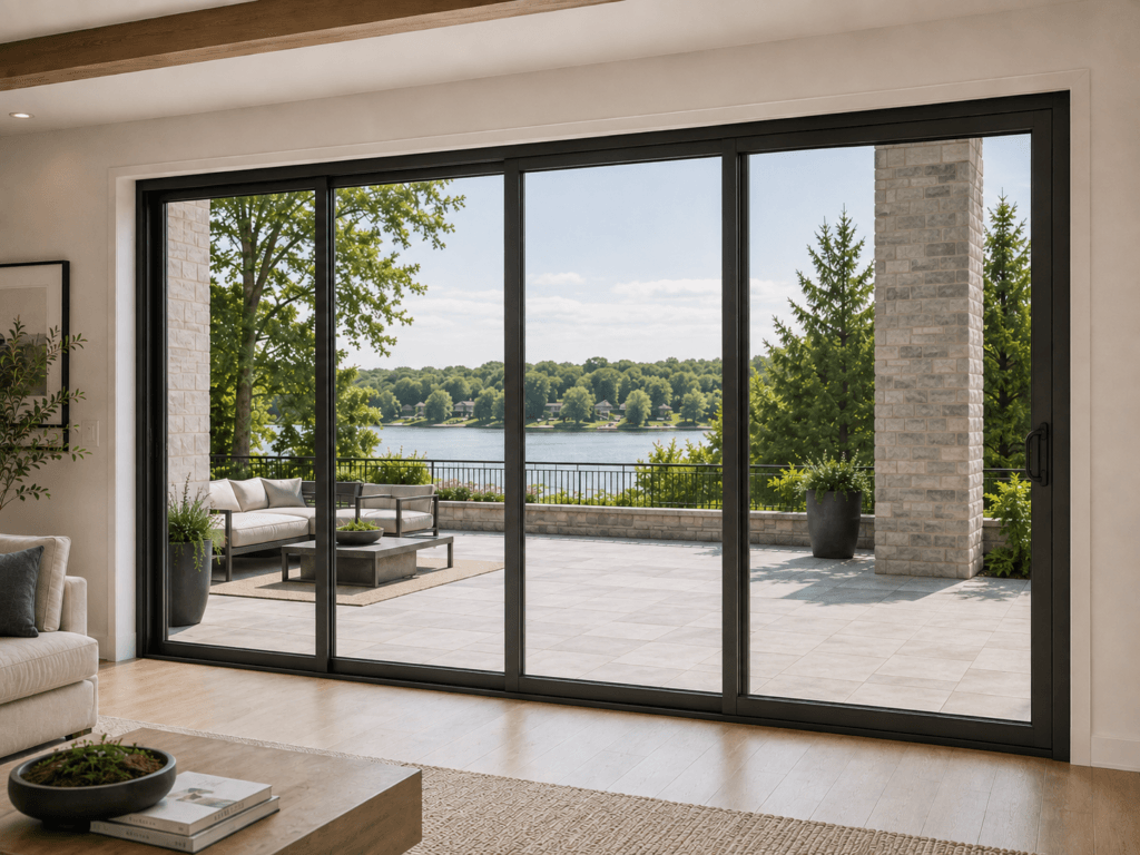 Modern multi-slide pocketing patio door with large black-framed glass panels stacked into a wall pocket beside a wide residential opening