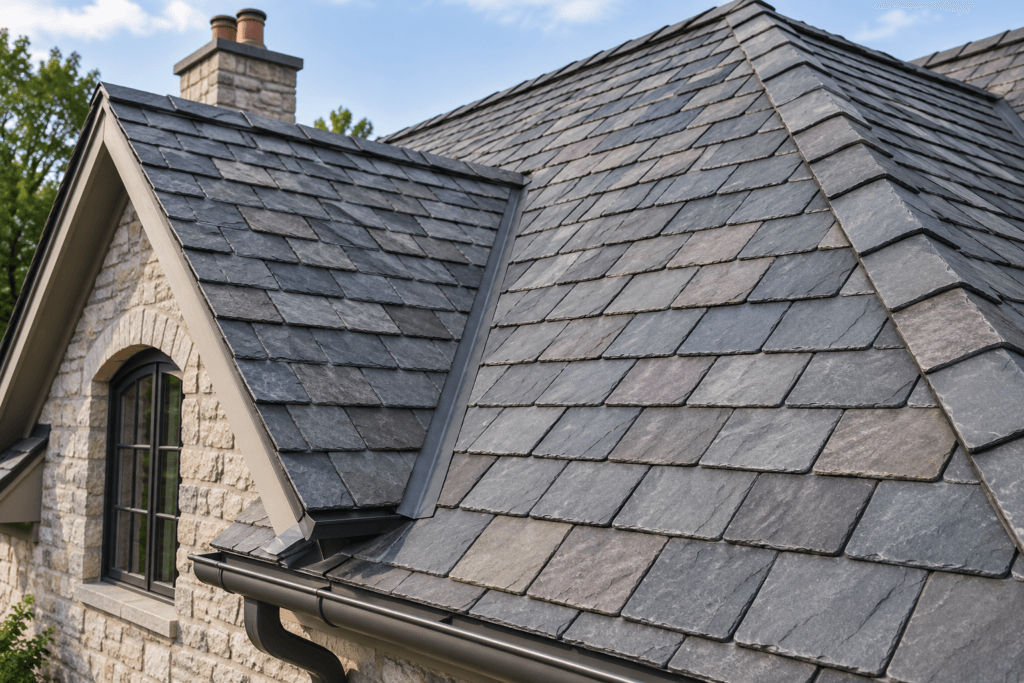 Close-up of natural slate roofing with varied stone tones, ridge details and metal flashing