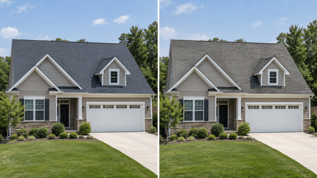 Comparison showing the same style home with a newer asphalt shingle roof and an older roof with normal wear and discoloration