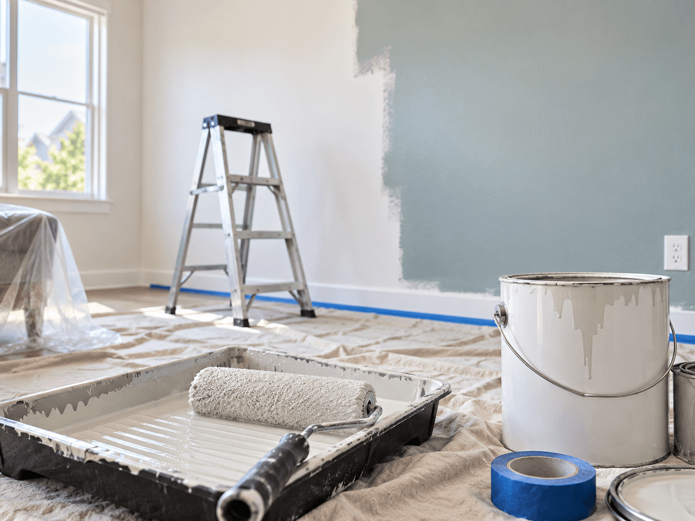 Paint calculator image showing a bright room painting setup with paint tray roller ladder and partially painted wall