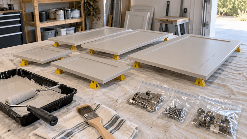 Kitchen cabinet doors being painted with a smooth roller and brush in a clean workshop setup