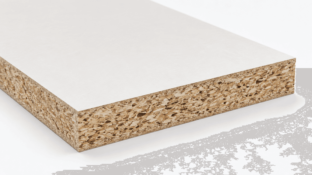 Particleboard panel sample shown on a clean neutral background