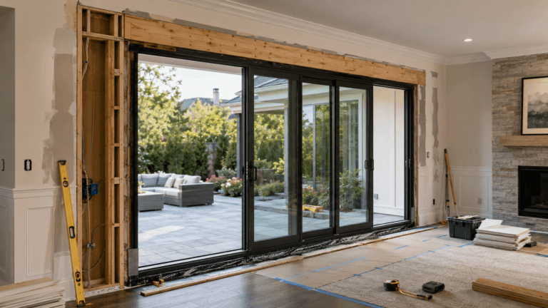 Large patio door renovation showing new multi-panel glass door, structural opening work and surrounding interior and exterior finishes
