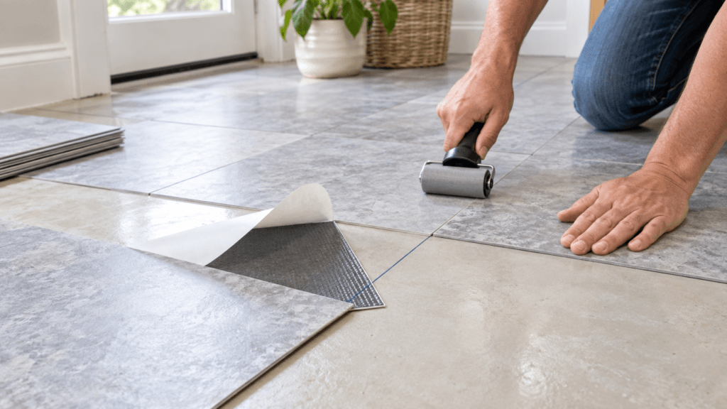 Peel-and-stick floor tile installation over a smooth prepared subfloor, with one tile backing partially removed and another tile being pressed into place with a roller.