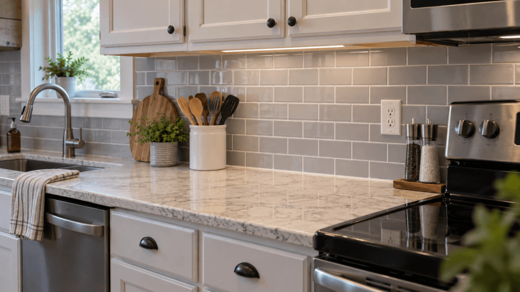 Finished peel-and-stick tile kitchen backsplash with neatly aligned courses, clean outlet cuts and finished edges beneath upper cabinets.