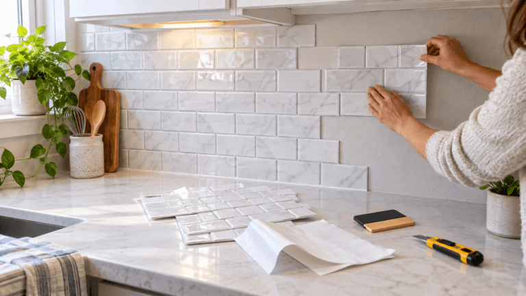 Homeowner installing peel-and-stick tile on a kitchen backsplash above a countertop, with adhesive tile sheets and simple hand tools nearby.