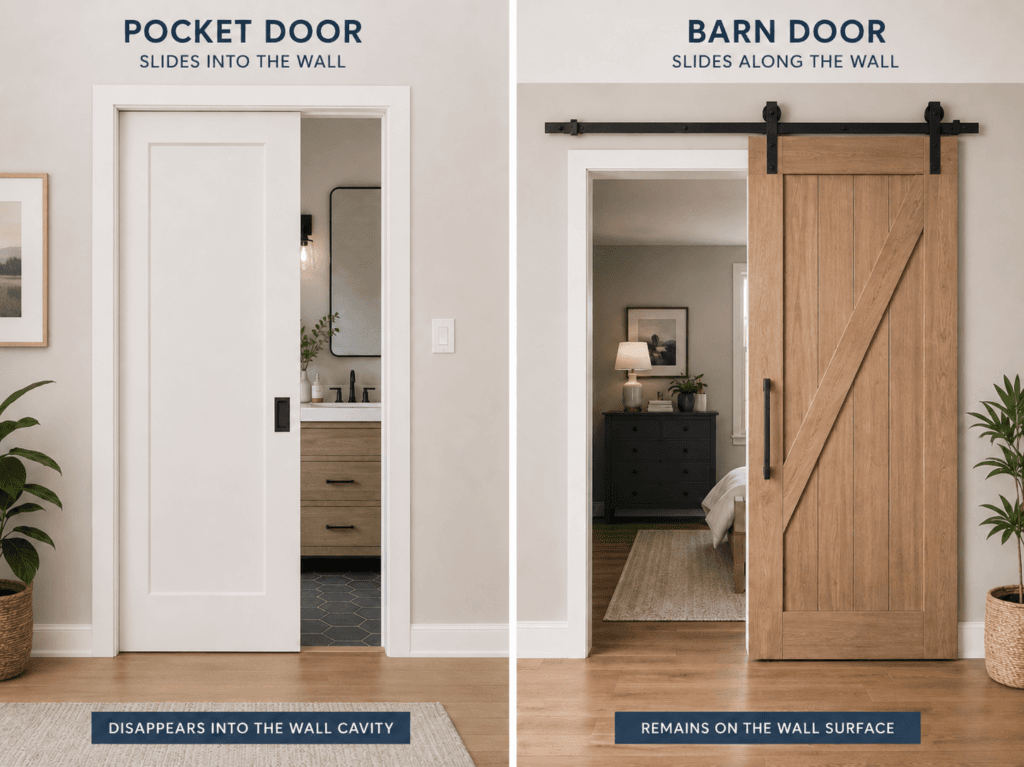 Interior pocket door and barn door comparison showing a white pocket door sliding into the wall and a surface-mounted barn door on exposed track hardware
