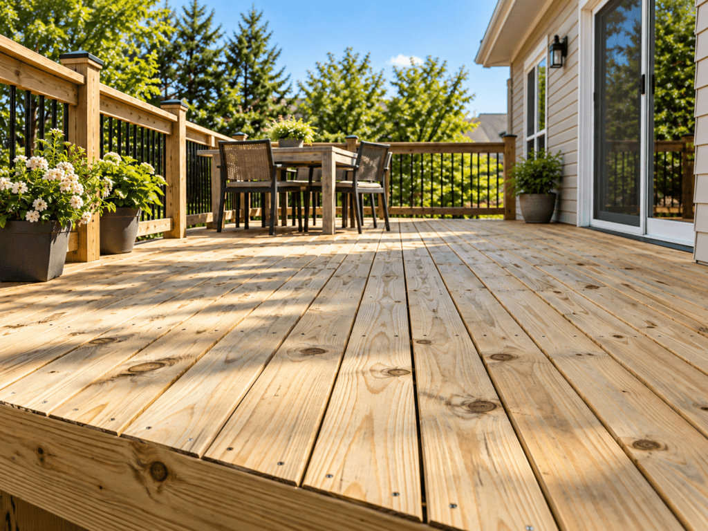 New pressure-treated wood deck showing natural grain, knots and board variation