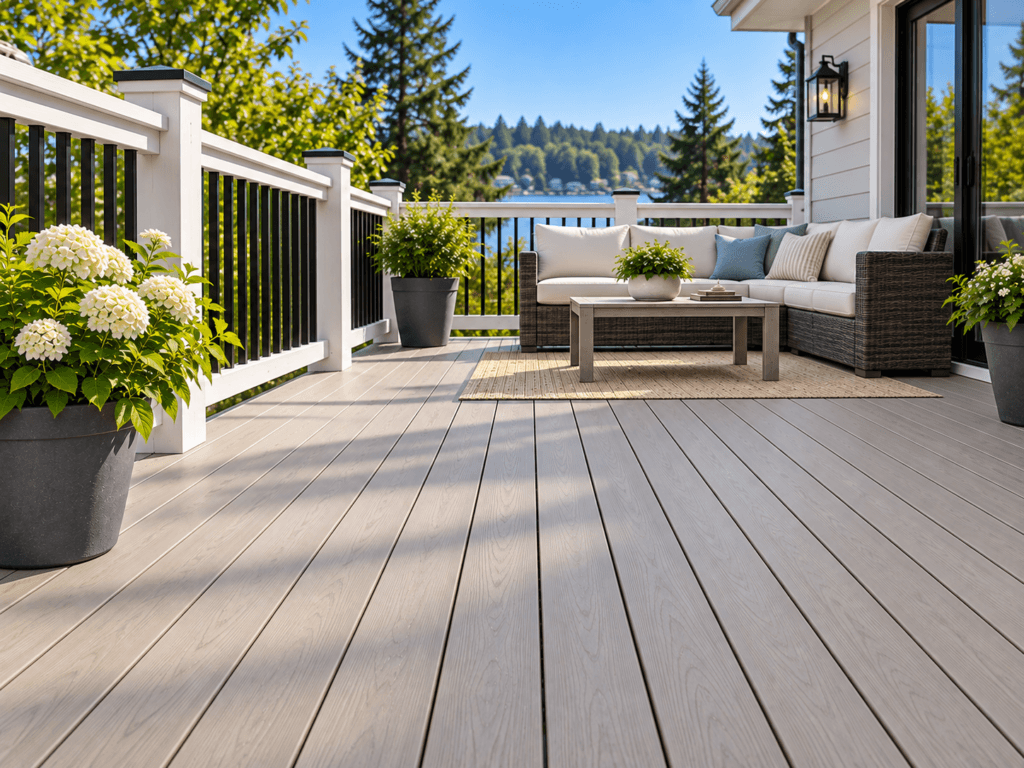 PVC decking with light wood-look boards and clean low-maintenance surface