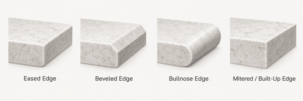 Quartz countertop edge profile comparison showing four common edge styles in a horizontal banner