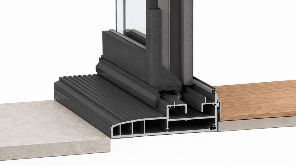 Raised sliding door sill cross-section showing elevated track and water drainage above the exterior finished floor