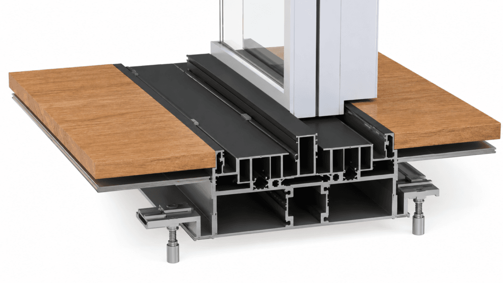 Recessed sliding door track cross-section showing an open drainage channel below the finished floor with concealed water collection