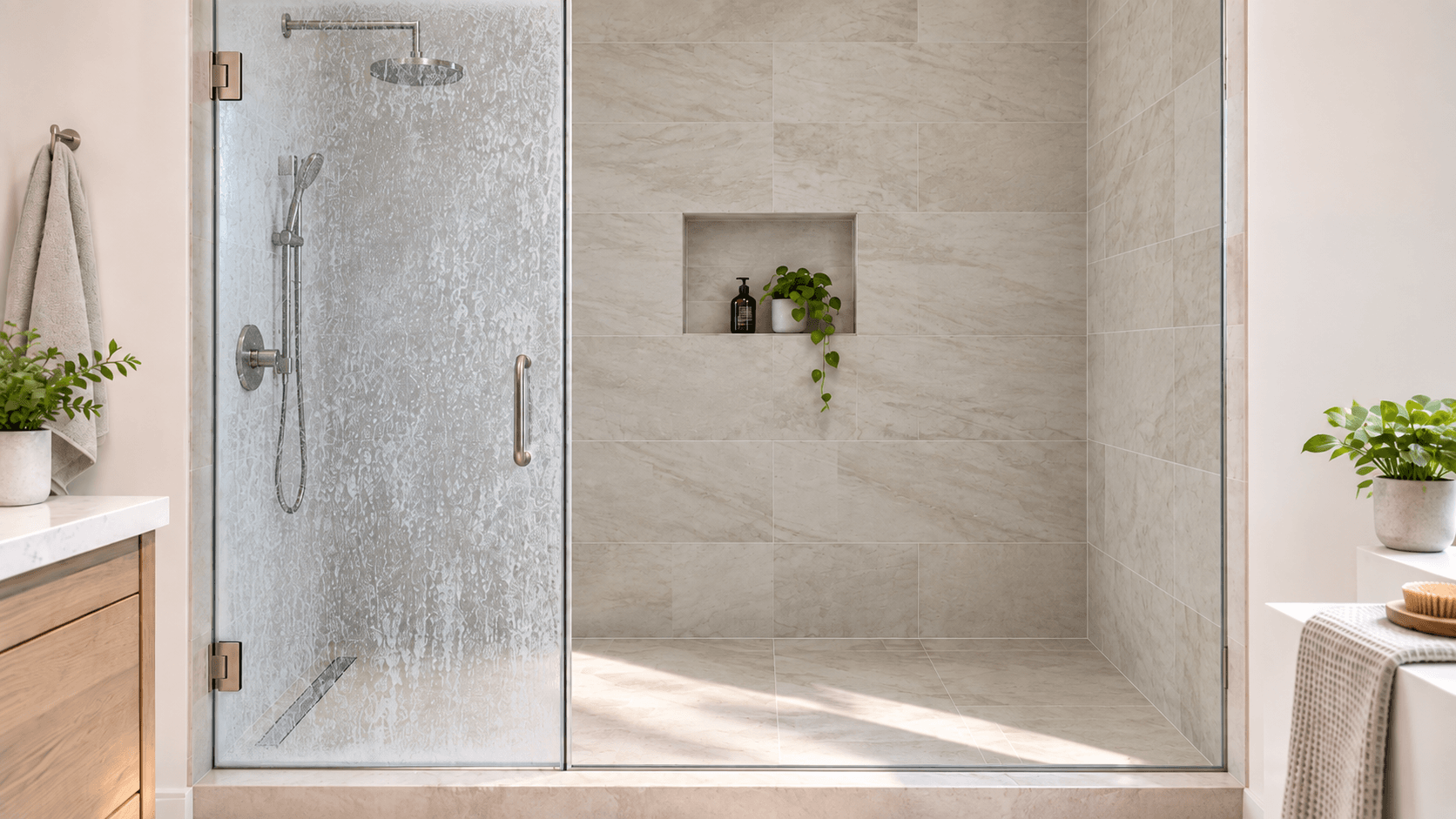 How to remove hard water stains from glass shower doors with a cloudy shower door beside a clear fixed panel