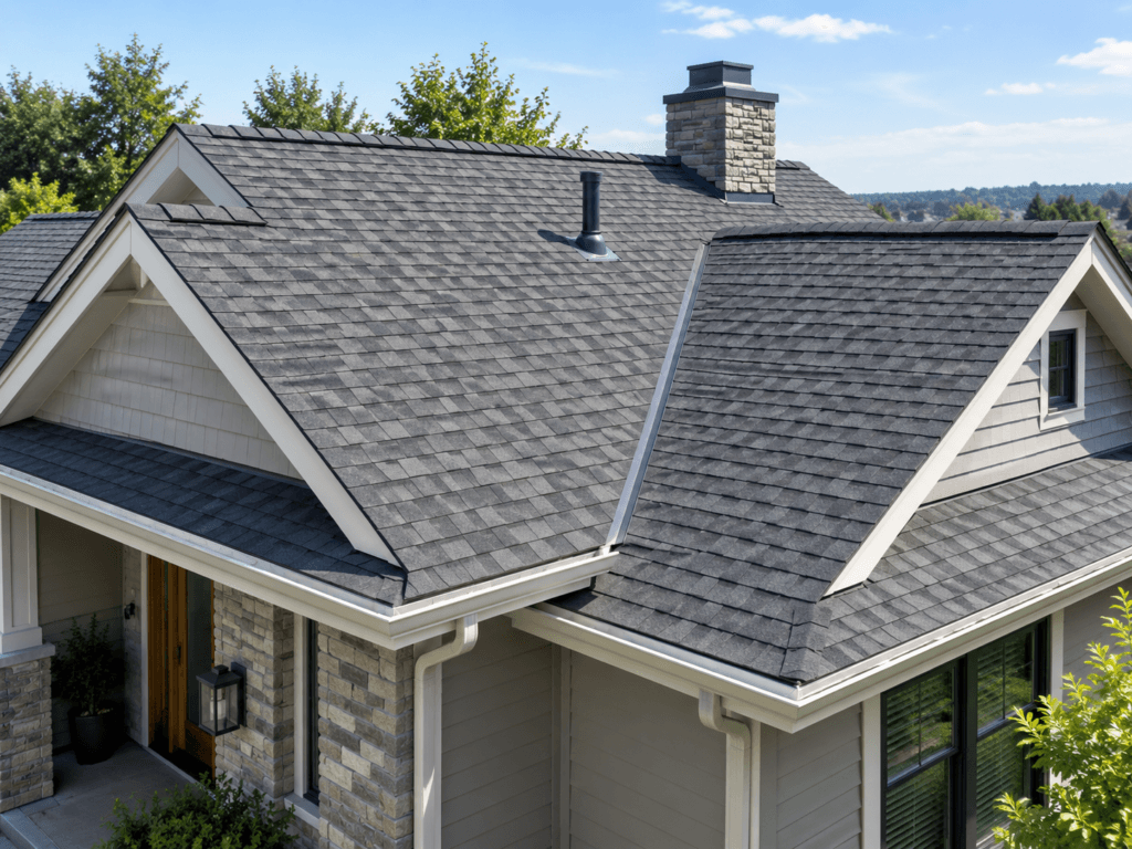 Residential asphalt shingle roof showing ridges, valleys, flashing, chimney, vent pipe, eaves and gutters