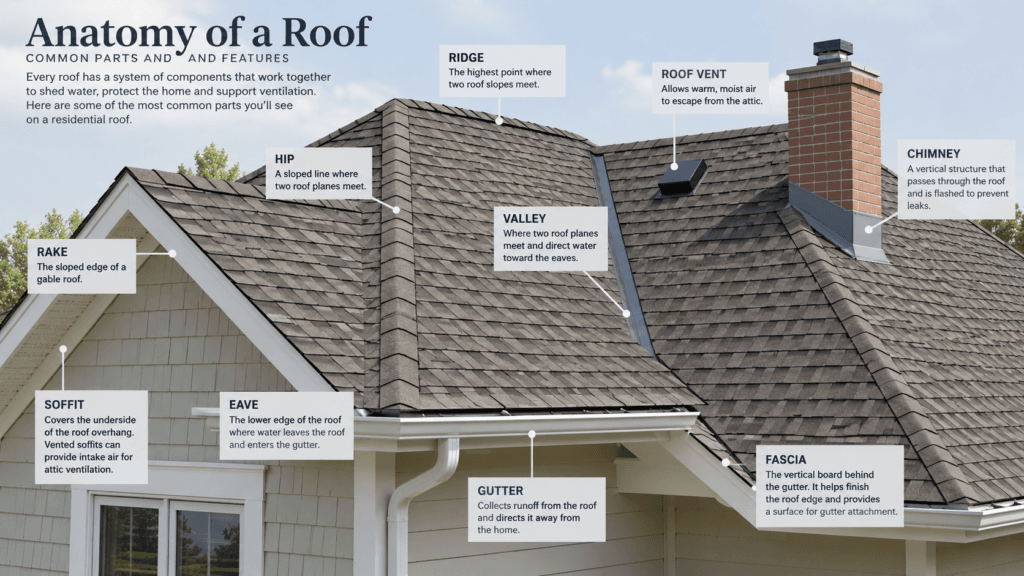 Labeled roof anatomy diagram showing ridge, hip, valley, rake, soffit, eave, gutter, fascia, roof vent and chimney