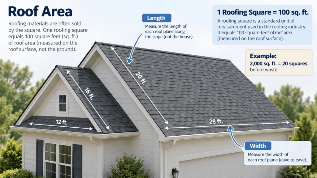 Roof area measurement diagram showing roof dimensions and how 100 square feet equals one roofing square