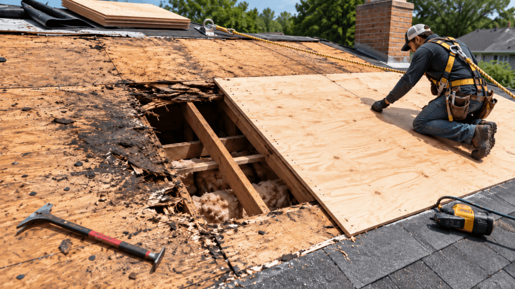 Roofer replacing damaged roof decking while secured with a safety harness and lifeline