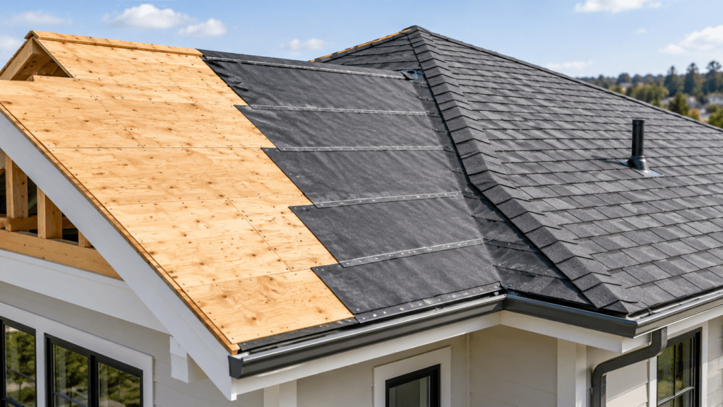 Residential roof showing exposed decking, underlayment and finished asphalt shingles in different installation stages