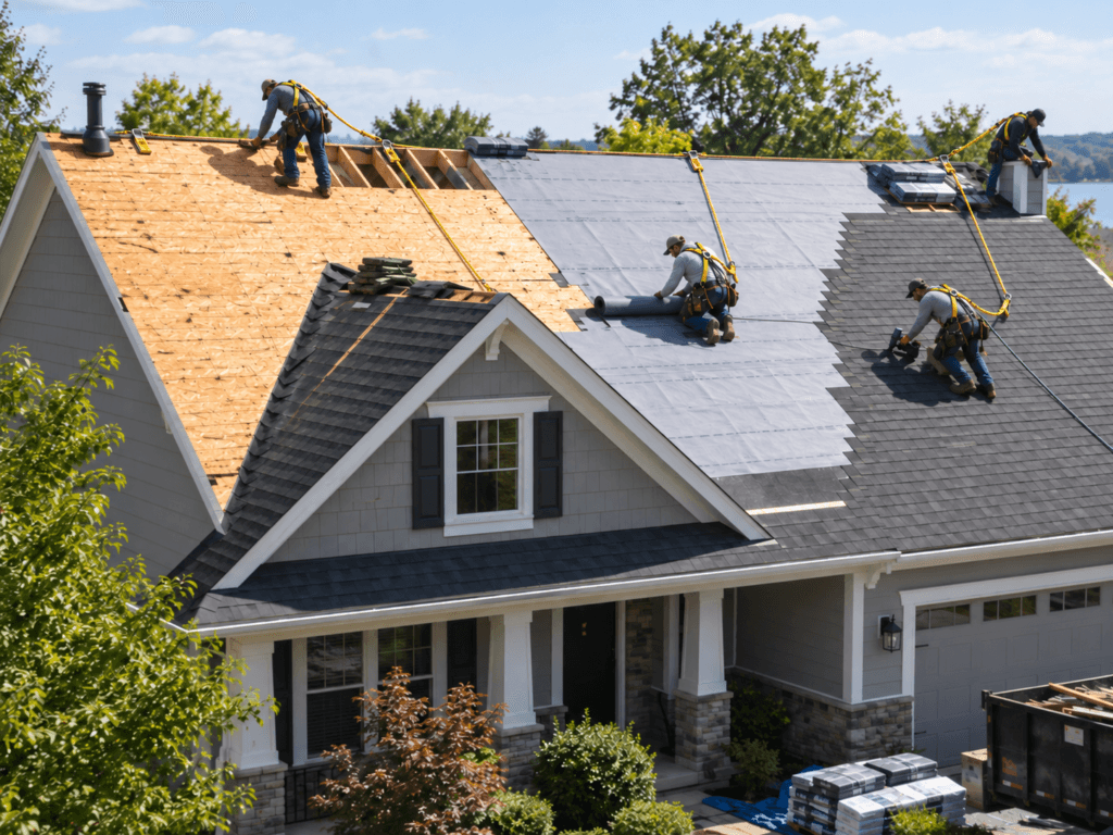 Roof installation on a residential home showing decking, underlayment and asphalt shingles