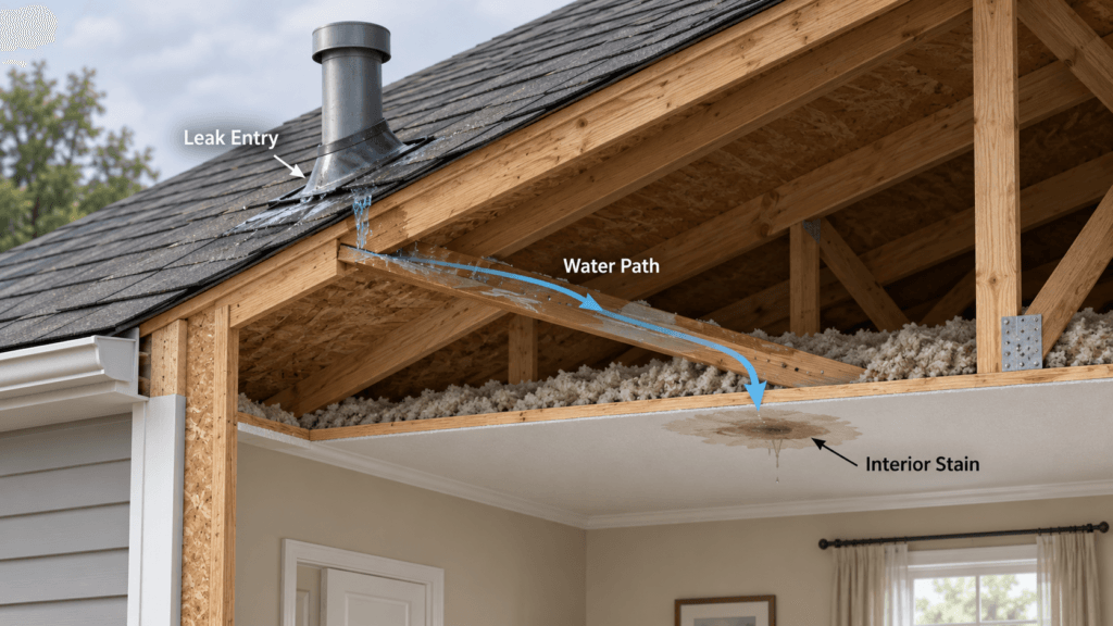 Roof leak diagram showing water entering near a vent, traveling through the attic and causing an interior ceiling stain