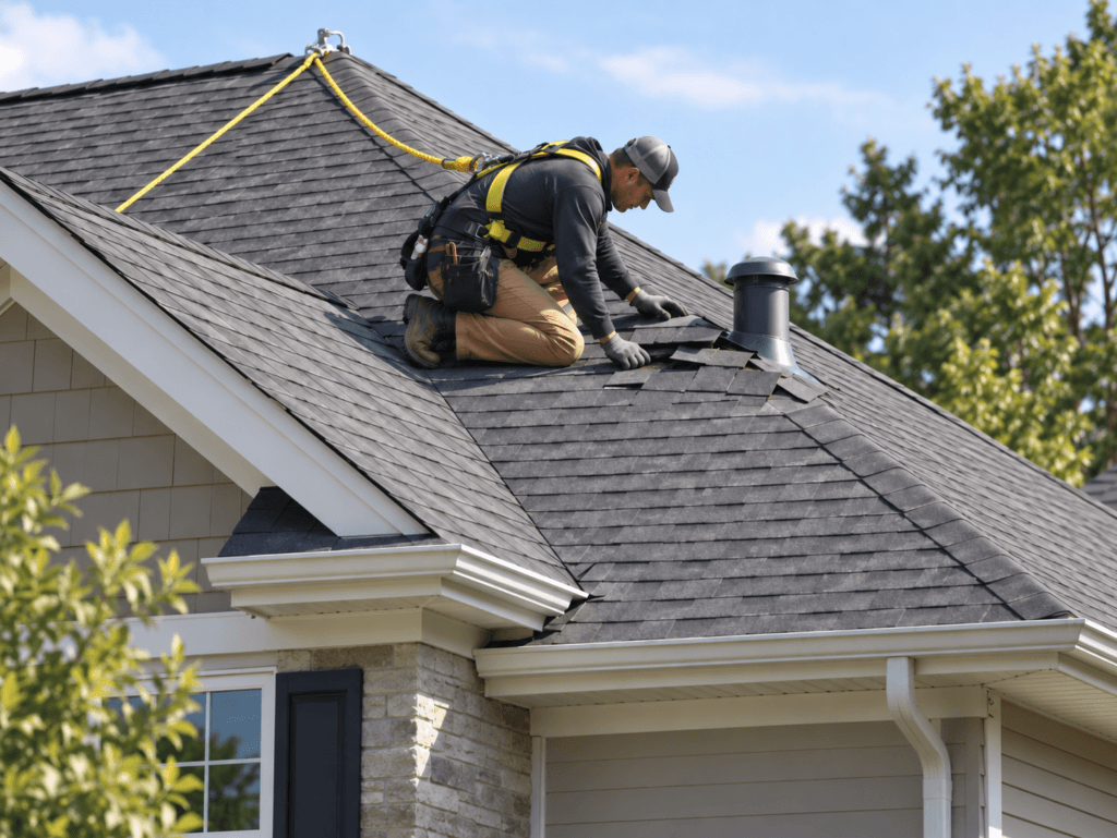 Roofer inspecting damaged asphalt shingles near a roof vent while secured with a safety harness and ridge-anchored lifeline
