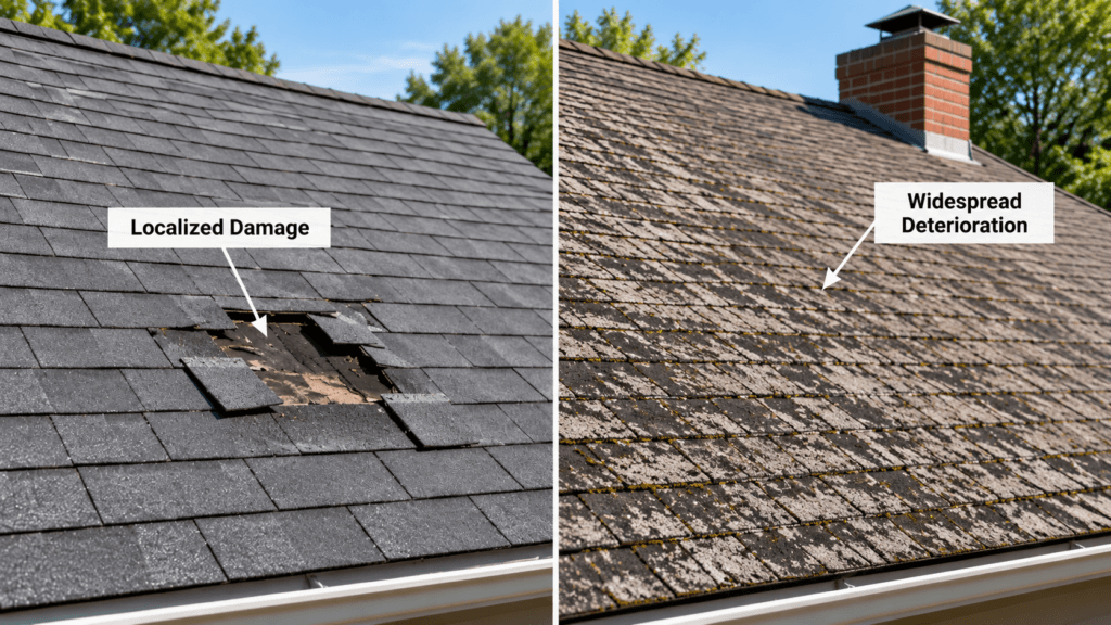 Split-screen roof comparison showing localized shingle damage versus widespread roof deterioration