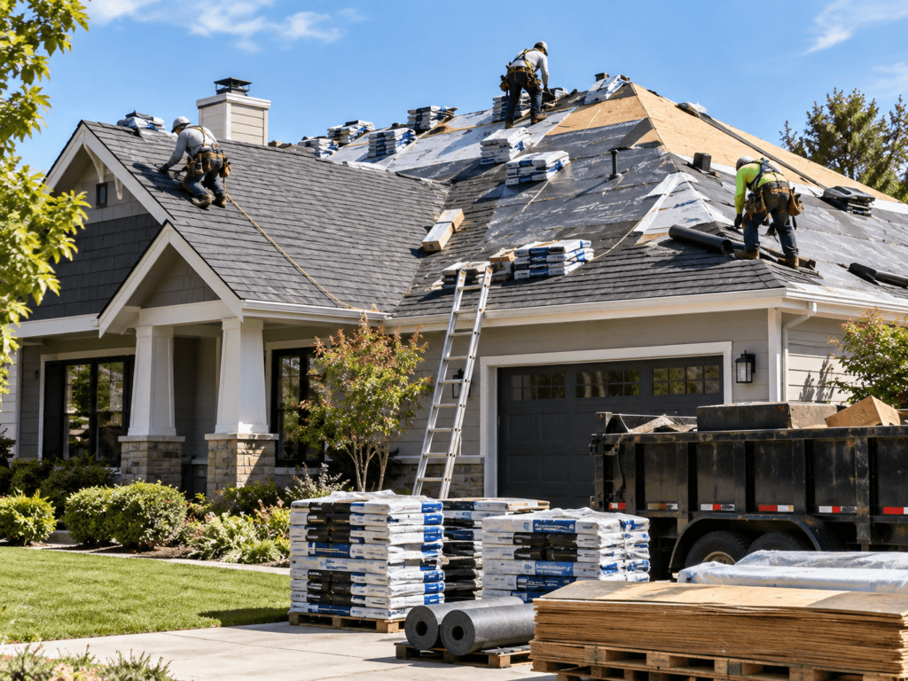 Residential roof replacement project with exposed plywood decking, underlayment, roofing materials and safety-tied roofing crew