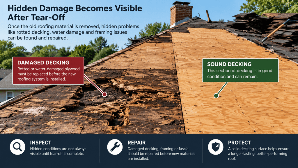 Roof tear-off showing damaged decking beside sound plywood decking before roof replacement