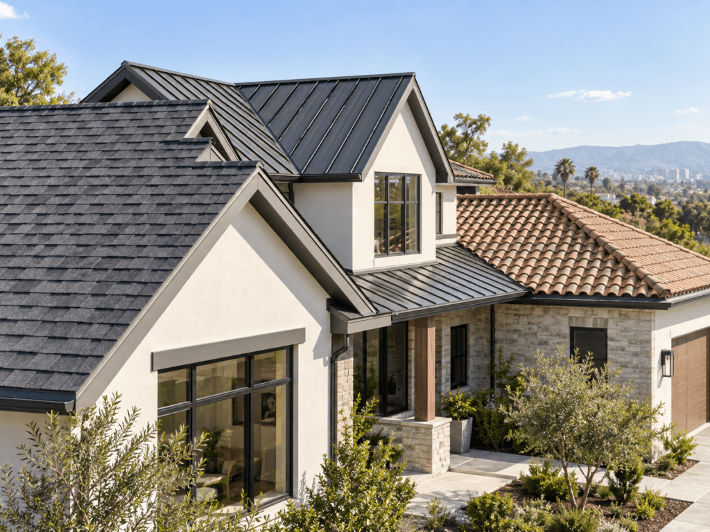 Roof types including asphalt shingles, metal roofing and clay tile