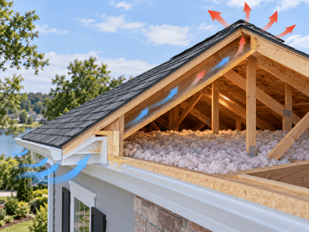 Cutaway roof view showing attic ventilation with soffit intake air and ridge vent exhaust airflow
