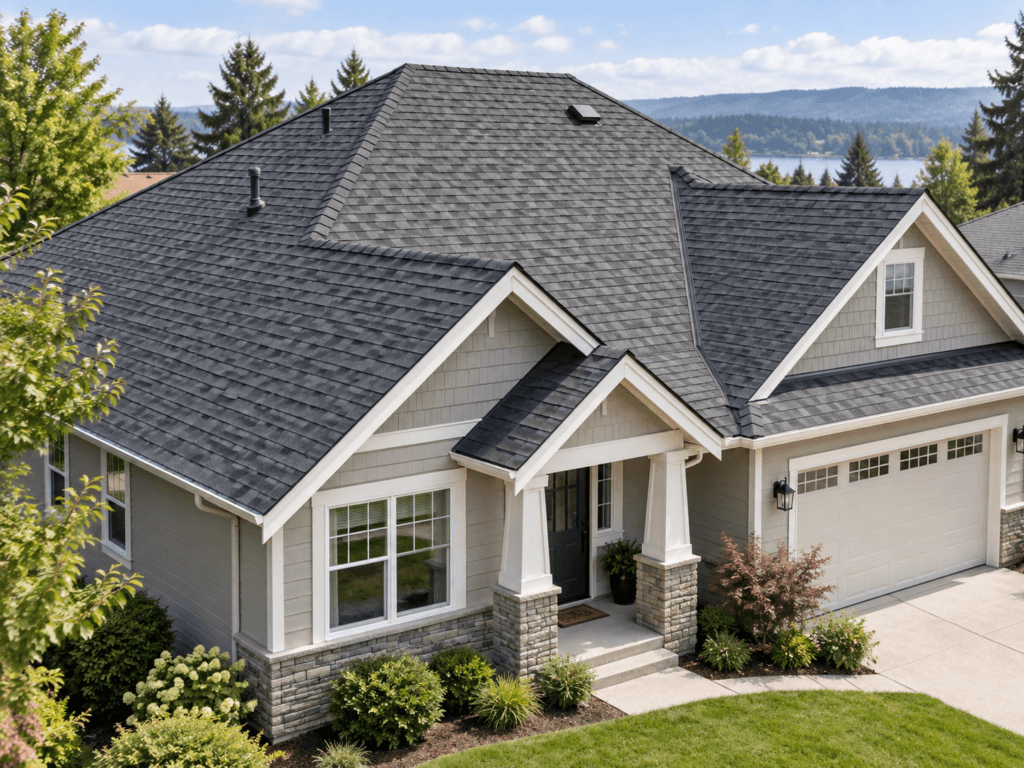 Roofing guide showing a residential asphalt shingle roof