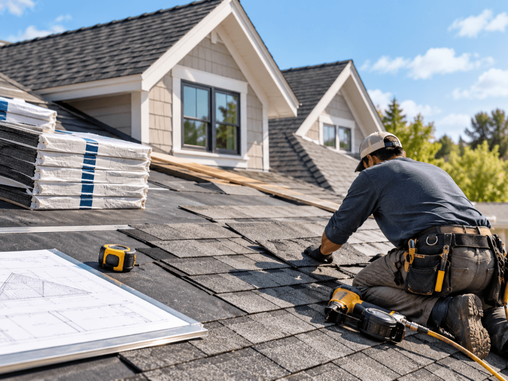 Roofer installing asphalt shingles with roofing plans, tape measure, nail gun and packaged shingles on a residential roof