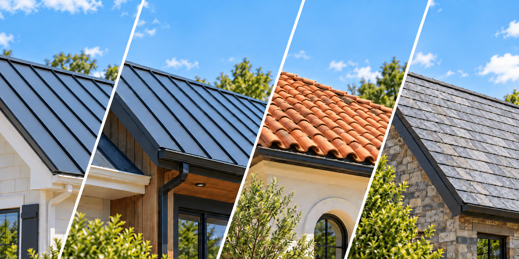 Split-style image showing four residential roofing materials: standing-seam metal, standing-seam metal, clay tile and slate roofing