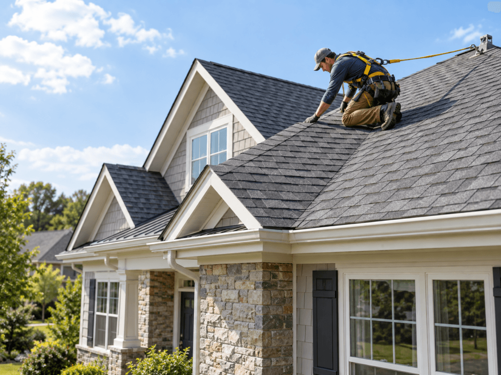 Residential roofing scene with a worker tied off on an asphalt shingle roof inspecting or working on the roof under clear daylight