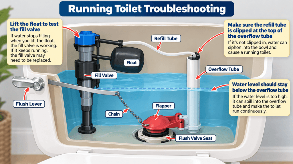 Running toilet troubleshooting illustration showing the fill valve, float, refill tube, overflow tube, flapper, chain and water level