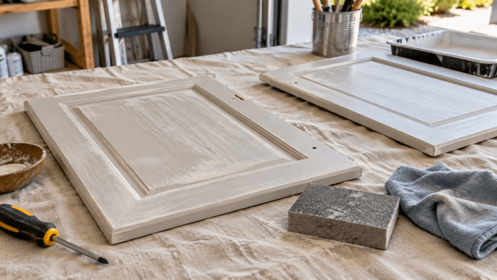Kitchen cabinet doors being sanded and prepared for painting with a sanding sponge and cleaning cloth