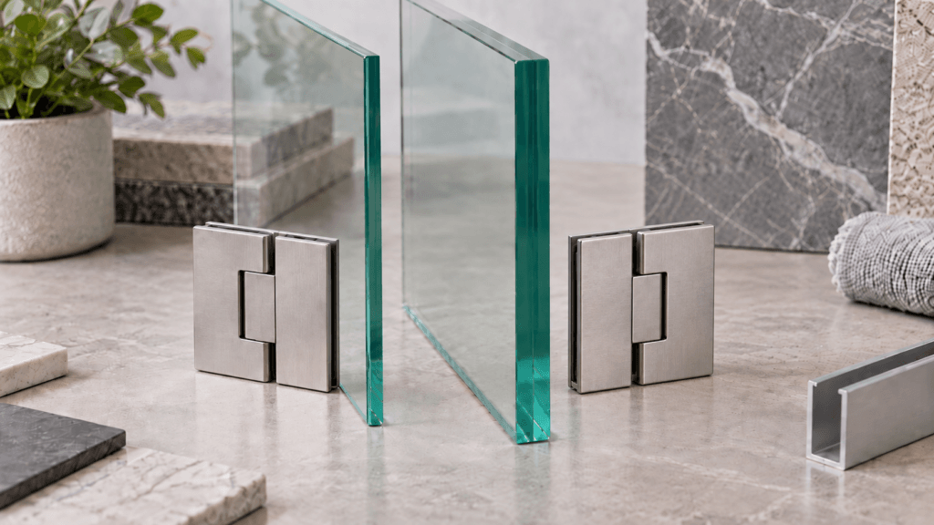 Different thicknesses of clear shower glass shown with frameless hinges and support hardware