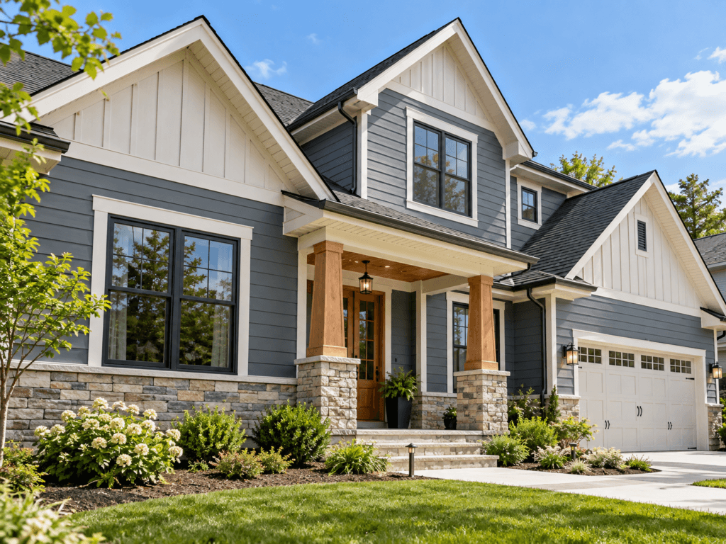 Modern residential exterior showing horizontal siding, board-and-batten accents, stone veneer, trim and windows
