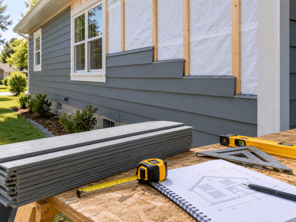 Siding installation scene showing exterior wall framing, house wrap, partially installed siding, stacked siding boards and measuring tools